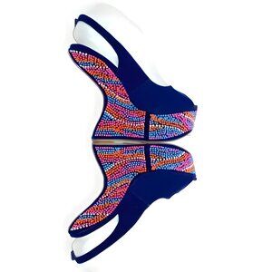 Mascotte Blue Suede Rainbow Beaded Heelless Platform Slingback Wedge Heels 8.5